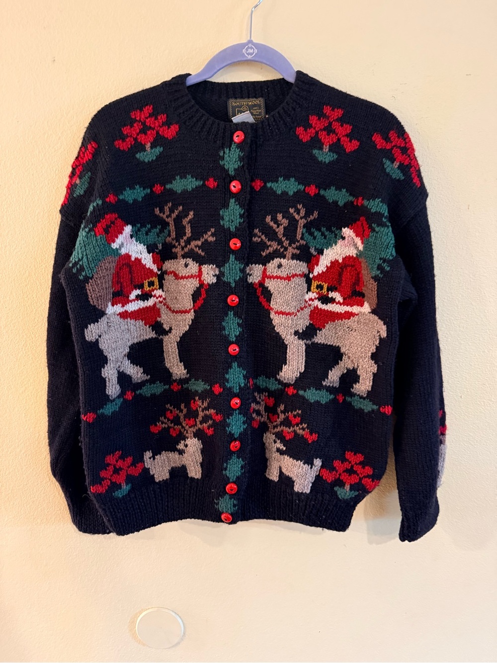 South Wool Women’s Black Holiday Santa & Reindeer Knit Cardigan Sweater medium